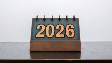 Modern desk calendar displaying the year 2026 in gold numbers