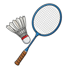 A blue badminton racket with a brown grip and a feathered shuttlecock with a red band, ready for a game of badminton.