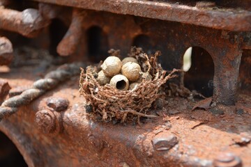 Obraz premium Mud Dauber Nest Resting on Weathered Engine Housing Surrounded by Leaves and Dirt