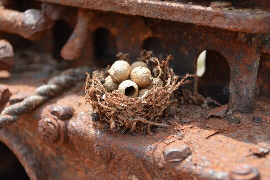 Mud Dauber Nest Resting on Weathered Engine Housing Surrounded by Leaves and Dirt