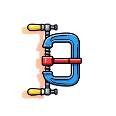 A bright blue c-clamp with yellow handles and a red screw mechanism, casting a warm orange video game character on a white background, symbolizing industry and precision.