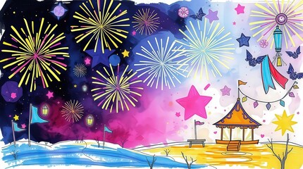 Vibrant fireworks display over colorful carnival at night