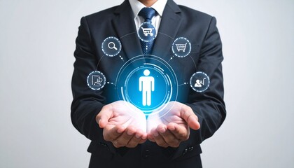 Businessman presenting digital human icon with connected service symbols