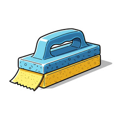 A bright blue plastic handle attached to a yellow sponge with a serrated edge, designed for cleaning tasks.