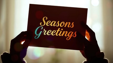 Hands holding Seasons Greetings card with colorful text