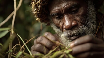 Elderly man with a beard, skillfully weaving natural materials in a lush environment, showcasing traditional craftsmanship and connection to nature through intricate handiwork