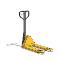 A bright yellow manual pallet jack with a dark gray handle and wheel mechanism, casting a subtle video game character on a white background.