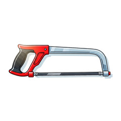 A cartoon illustration of a hacksaw with a red and black handle, silver frame, and a sharp metal blade, ideal for diy and construction projects.