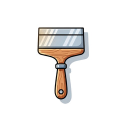 A cartoon illustration of a flat paintbrush with a wooden handle and metal ferrule, ready for painting projects.