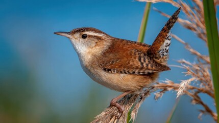 Playful Marsh Wren in Flight. A Whimsical Take on Wildlife Beneath Clear Blue Skies Amidst Green Marshlands