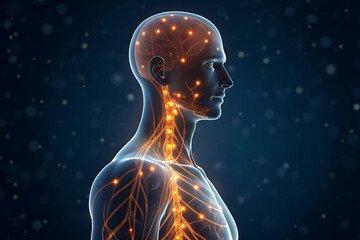 Neural Sparks – Side Profile of Human Nervous System with Glowing Orange Pathways and Nodes on Dark Background, neural, sparks, nervous, system, brain, spinal, cord, orange, glowing, anatomy