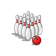 A classic bowling setup featuring a vibrant red ball positioned in front of a triangular arrangement of ten white pins with red bands