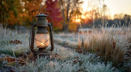 A rustic lamp glows softly amidst frosted grass as the sun sets with fall foliage in background