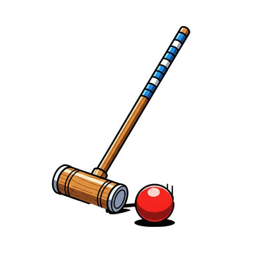 A classic wooden croquet mallet and a bright red ball with blue and white striped marker, ready for a lawn game.