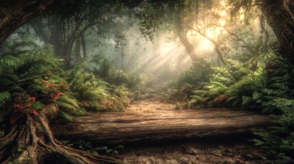 Misty Forest Pathway with Sunlight Filtering.