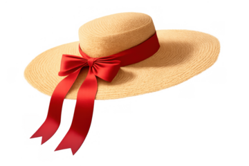 Straw hat with wide brim and red ribbon bow, summer fashion accessory for sun protection, holiday and travel