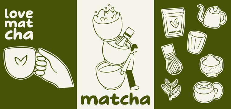 Playful hand drawn matcha illustration set featuring cups, tools, and cozy moments with flat doodle style.
