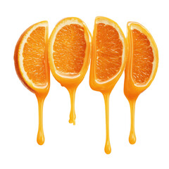 Four orange slices dripping with juice, isolated on a black background, vibrant and fresh