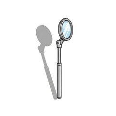 A detailed illustration of a dental mirror with a metallic handle and reflective glass surface, casting a long video game character.