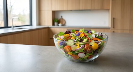 Fresh vibrant salad with edible flowers in a glass bowl on a modern kitchen counter for healthy eating concept and home cooking
