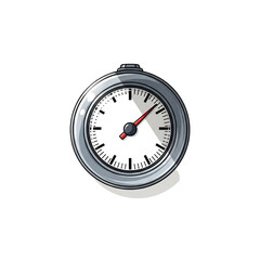 A detailed illustration of a classic analog pressure gauge with a silver metallic casing, white dial, and red needle pointing to a measurement.