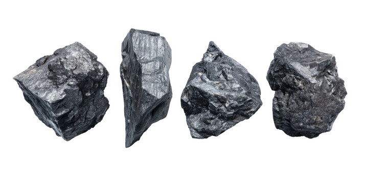Four dark gray mineral samples with rough, textured surfaces against a black backdrop
