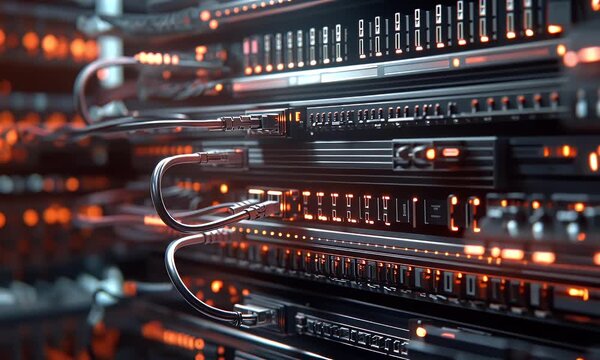 Close up view of a high-tech data center server rack with glowing orange indicator lights and black network cables connected to professional telecommunication equipment.