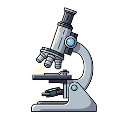 A detailed, stylized illustration of a compound microscope, featuring a metallic silver body, multiple objective lenses, and a light blue eyepiece, set against a clean white