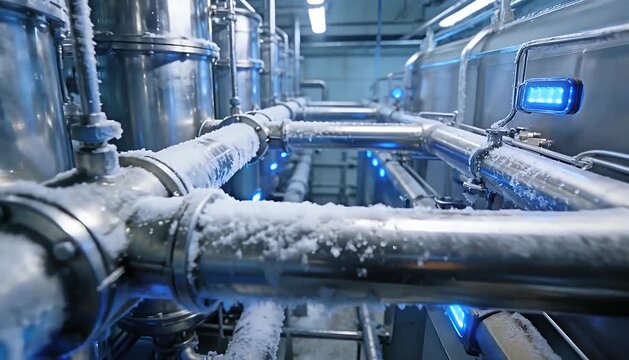 Frozen industrial piping system with blue indicator lights, cold storage equipment, and cryogenic.
