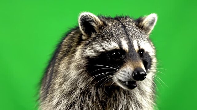 Isolated raccoon head turning and twitching its ears against a bright, uniform green screen background, perfectly prepared for quick keying and compositing eyes, wildlife, pre-keyed