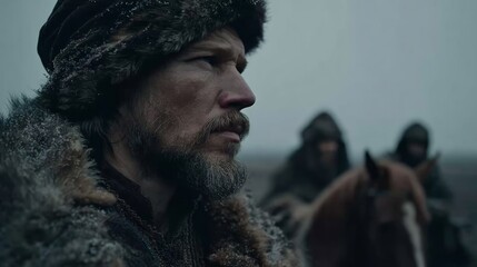 Bearded man in fur coat stands in cold, snowy landscape, with blurred figures and horses in the background, capturing the essence of a historical winter scene