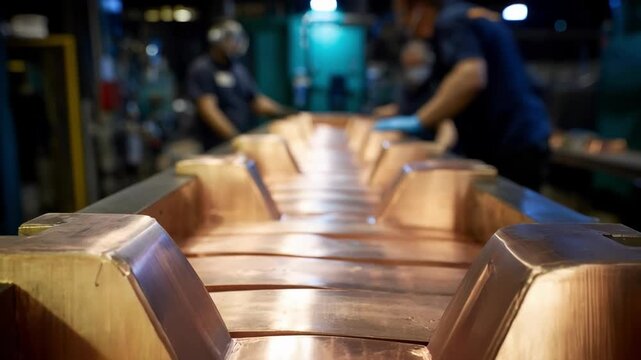 Industrial environment with artisans shaping highpurity copper components emphasizing the strength and conductivity of busbars under controlled conditions.