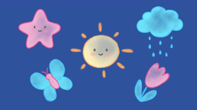 Set of five hand drawn nature weather cartoon animations. Cute doodle scribble sun, star, flower, butterfly and ran cloud on a transparent alpha channel.