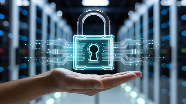 Protecting digital security with a glowing padlock in a server room - Powered by Adobe