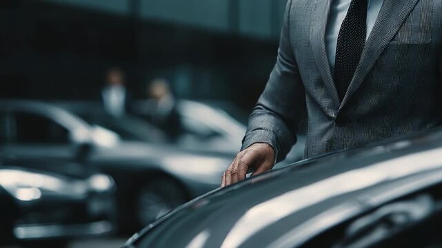A Professional Individual in a Suit Examining a Luxury Car Amidst a Scene of Other Vehicles and Business Professionals in a Modern Urban Setting
