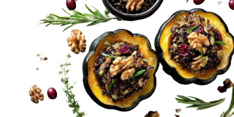 Top-down shot of vibrant acorn squash halves filled with a gourmet rice and walnut stuffing, garnished with herbs