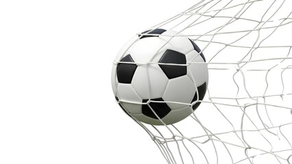 Fototapeta premium A classic black and white soccer ball is powerfully caught within the white netting of a goal, symbolizing a successful score. on transparent background