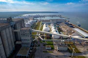 the large grain elevator in a seaport