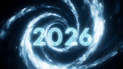 Futuristic 2026 Abstract Swirl with Glowing Numbers on Dark Blue Neon Background Art