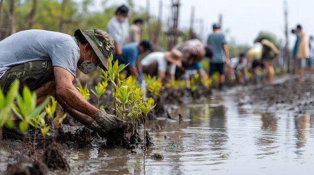 Conservation group members plant young saplings in muddy coastal terrain