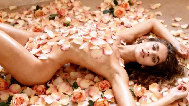 Beautiful woman with perfect skin lying down in a sea of pink and peach rose petals, looking at the camera with a sensual gaze while enjoying a luxurious flower spa beauty treatment