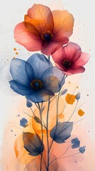 Watercolor Poppies in Blue and Coral Tones flowers Photo