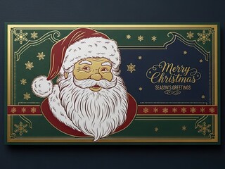 Gigapixel art of santa claus on a christmas card with gold trim and snowflakes, festive holiday greeting with Season s Greetings and Merry Christmas