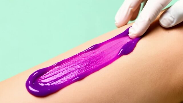 Professional cosmetologist in white gloves performing a hair removal procedure on a client's leg, carefully applying a vibrant purple hot wax strip for a smooth skin epilation treatment