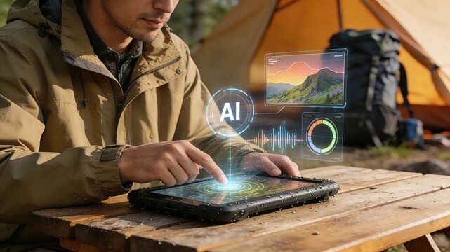 A man operates an AI tablet. - Powered by Adobe