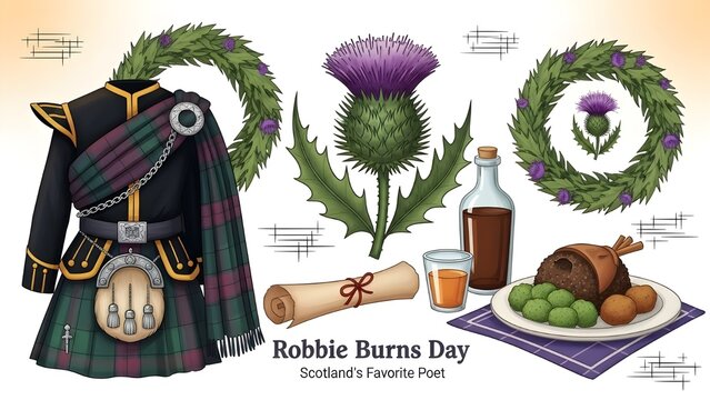 Robbie burns day celebration with traditional scottish attire and cuisine