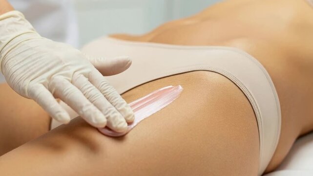 Professional cosmetologist in sterile gloves applying a warm pink wax paste to a woman's leg and bikini area for sugaring epilation, a gentle hair removal treatment in a beauty salon