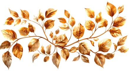 Golden Branch with Many Leaves on White Background Photo