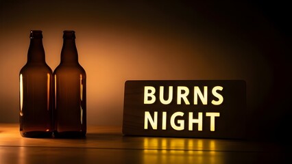Burns night celebration with beer bottles and illuminated sign