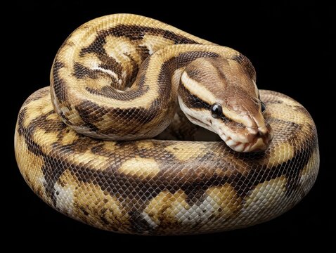 Vibrant Banana Piebald Ball Python Caught Against a Black Canvas - A Captivating Reptile Portrait